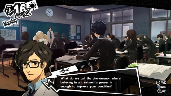 Persona 5 Royal screenshot: A classroom scene with students seated at desks, listening to a teacher speaking.
