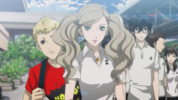 Screenshot from Persona 5 Royal showing characters in school uniforms walking outdoors near a building under sunny skies.