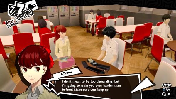 Screenshot from Persona 5 Royal: Kasumi chats with Joker in a classroom filled with students wearing white uniforms.