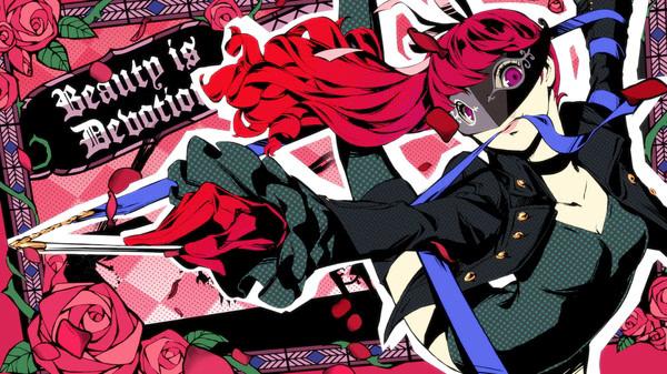 Persona 5 Royal screenshot: A character in a dynamic pose, wearing a mask and wielding a sword amid roses and stylish text.