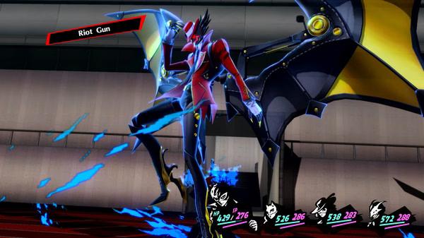 Screenshot from Persona 5 Royal showing a character in a red suit using the Riot Gun ability with a black and yellow-winged figure.