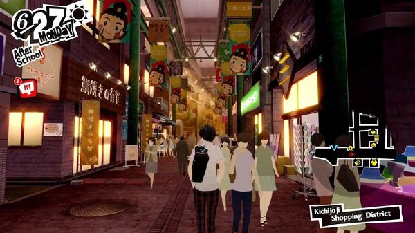 Screenshot from Persona 5 Royal showing the protagonist walking through Kichijoji Shopping District, surrounded by shops and people.