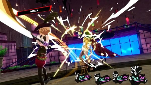 Screenshot from Persona 5 Royal showing a character using a sword attack against an enemy in a colorful, dynamic battle scene.