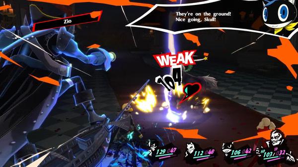 Persona 5 Royal screenshot showing Skull attacking an enemy with Zio, Morgana commenting, and damage numbers displayed.