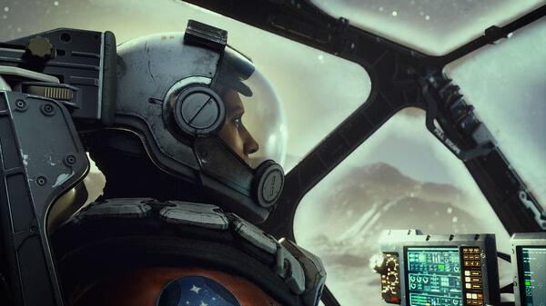 Starfield screenshot: Astronaut in a space suit seated in a spacecraft cockpit, with mountainous planet landscape visible outside.