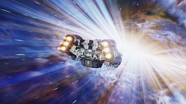 A Starfield screenshot showing a spaceship traveling at high speed through a vibrant warp tunnel surrounded by bright cosmic colors.