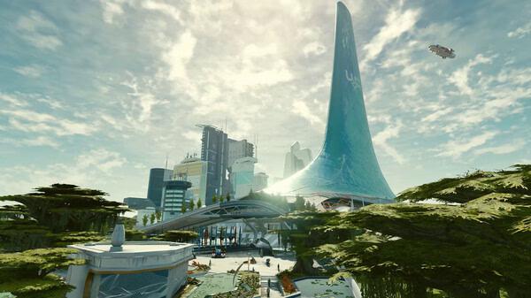 Screenshot from Starfield showing a futuristic cityscape with towering buildings, lush greenery, and a spacecraft flying in the sky.