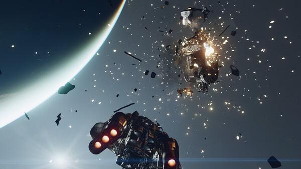 Starfield screenshot: A spaceship flies near a planet as debris from an exploding vessel scatters in space.