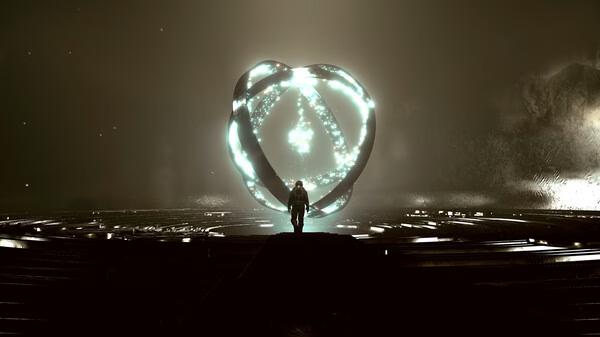 A Starfield screenshot showing a lone figure standing before a glowing, spherical artifact in a dark, mysterious environment.