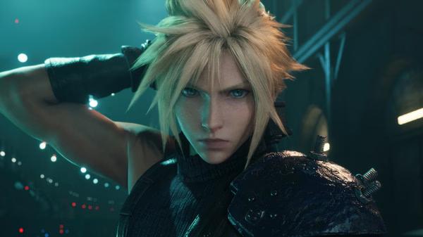 Cloud Strife holds his sword on his back in a dimly lit industrial setting in this FINAL FANTASY VII REMAKE INTERGRADE screenshot.