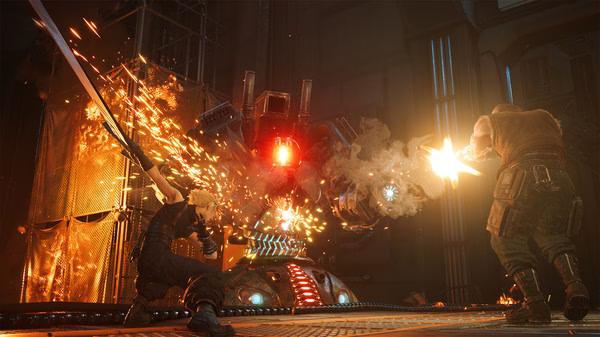 Screenshot from FINAL FANTASY VII REMAKE INTERGRADE showing Cloud and Barret battling a fiery mechanical foe in an industrial setting.