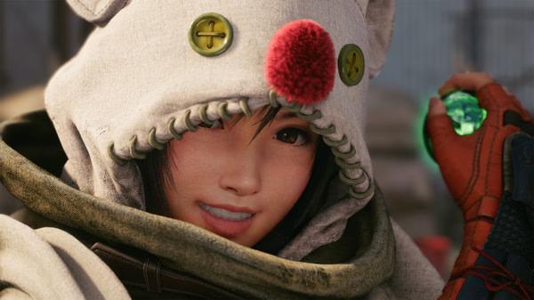 Screenshot from FINAL FANTASY VII REMAKE INTERGRADE showing a character in a moogle-themed hood holding a green materia orb.