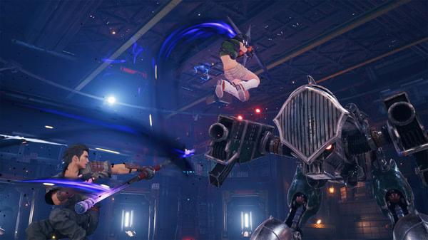 Screenshot from FINAL FANTASY VII REMAKE INTERGRADE showing Yuffie attacking a robotic enemy mid-air while another character fights nearby.
