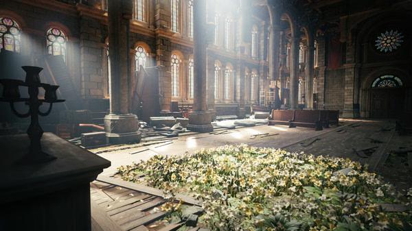 FINAL FANTASY VII REMAKE INTERGRADE screenshot: A sunlit, abandoned church interior with scattered flowers on the floor.