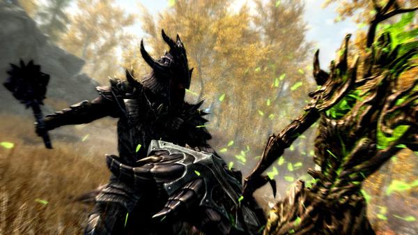 A warrior in dark armor battles a tree-like creature in The Elder Scrolls V: Skyrim Special Edition screenshot.