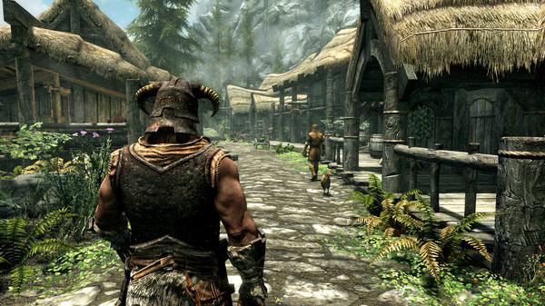 A screenshot from The Elder Scrolls V: Skyrim Special Edition shows a character in armor walking through a village with stone paths and thatched roofs.