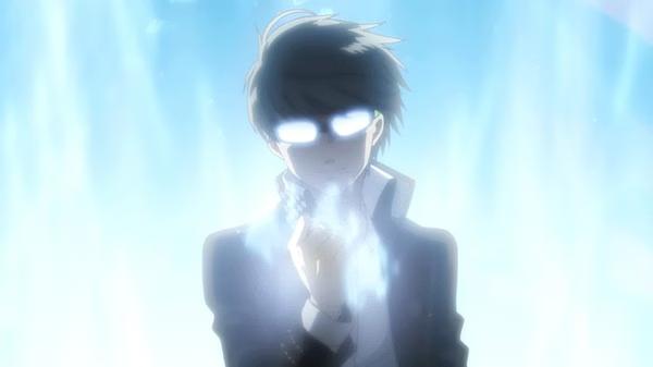 Screenshot from Persona 4 Golden showing the protagonist in a dramatic scene, surrounded by glowing blue light.