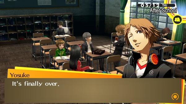 Screenshot from Persona 4 Golden showing Yosuke in a classroom, speaking to seated students during the "After School" period.