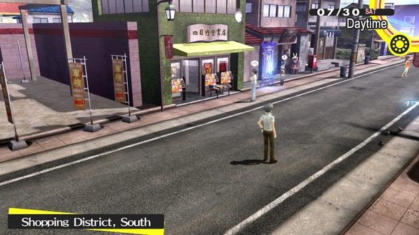 Persona 4 Golden screenshot: Player character stands in the Shopping District, South, during daytime, near colorful storefronts.