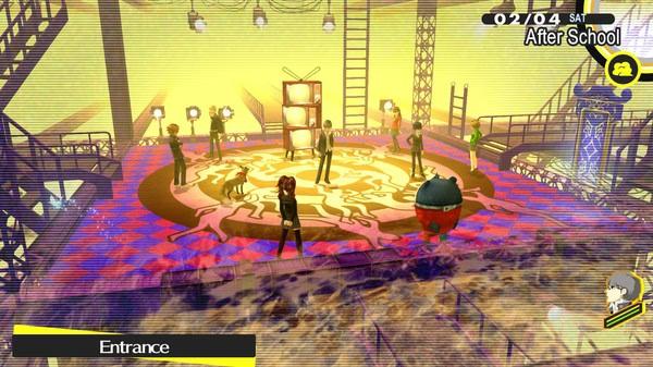 Screenshot from Persona 4 Golden showing characters in a TV studio set with bright lights and a patterned floor.