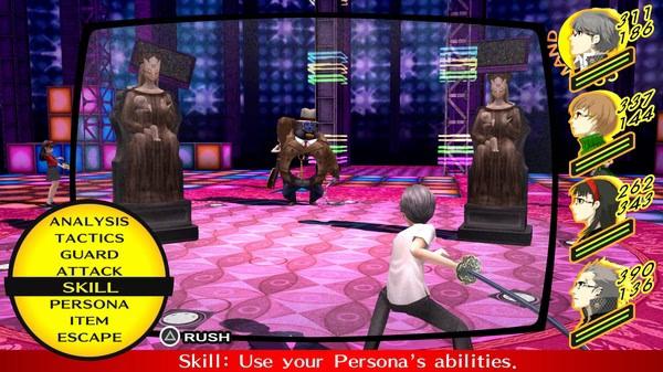 Screenshot from Persona 4 Golden: A character wields a sword in a vibrant arena, facing a masked enemy surrounded by statues.