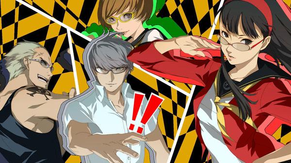 Screenshot from Persona 4 Golden showing the protagonist and party members in dynamic poses over a yellow checkered background.
