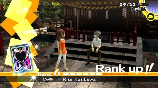 Screenshot of Persona 4 Golden showing Rise Kujikawa and the protagonist ranking up their social link at a shrine.