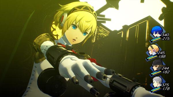 Persona 3 Reload screenshot: Aigis, a humanoid character, aims her weapon in a dramatic scene. Character stats are visible on the right.