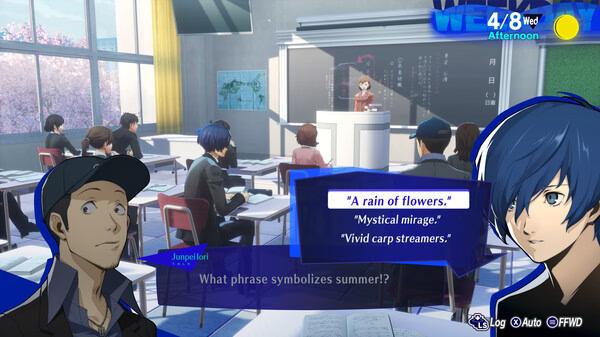 Persona 3 Reload screenshot: A classroom scene with a student answering a question about summer, dialogue options are displayed.