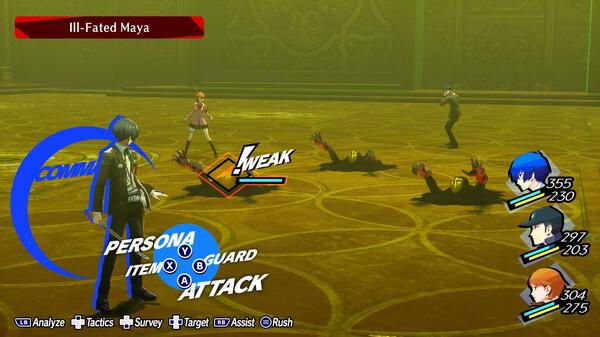 Persona 3 Reload screenshot: Characters in battle against Ill-Fated Maya, displaying command menu and health stats.