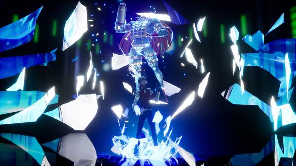 Screenshot from Persona 3 Reload showing a character summoning a Persona with dramatic blue and white shards surrounding them.