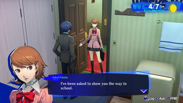 Screenshot from Persona 3 Reload showing Yukari Takeba in a school uniform talking to the protagonist in a dorm room.