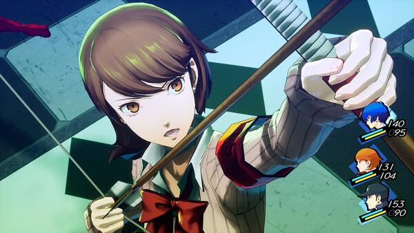 Screenshot from Persona 3 Reload showing a character aiming a bow, with three character profiles and stats on the side.