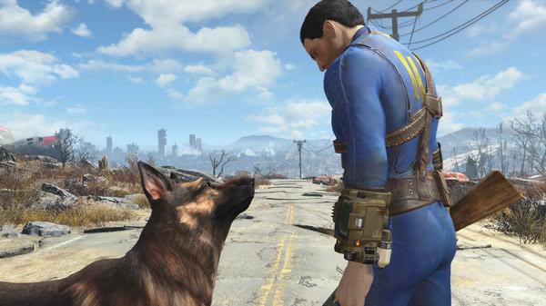Fallout 4 screenshot: A character in a blue vault suit stands on a desolate road with a dog companion under a clear sky.
