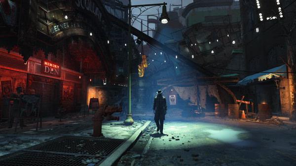 Fallout 4 screenshot: A lone figure in a trench coat walks through a dimly lit, post-apocalyptic street with neon signs and debris.
