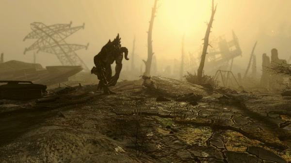 Fallout 4 screenshot showing a Deathclaw in a post-apocalyptic wasteland, with a hazy yellow sky and scattered debris.