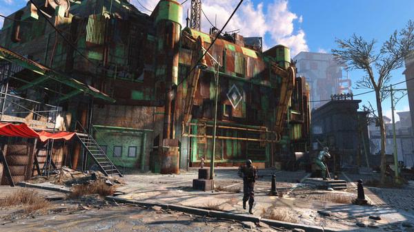 Screenshot from Fallout 4 showing a player character in armor exploring a post-apocalyptic urban landscape with dilapidated buildings.