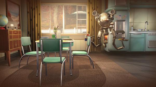 Fallout 4 screenshot: A Mr. Handy robot floats in a cozy kitchen with retro decor and a round table with green chairs.
