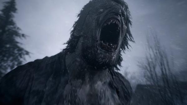 A screenshot from Resident Evil Village showing a terrifying werewolf-like creature roaring in a snowy, dark forest setting.