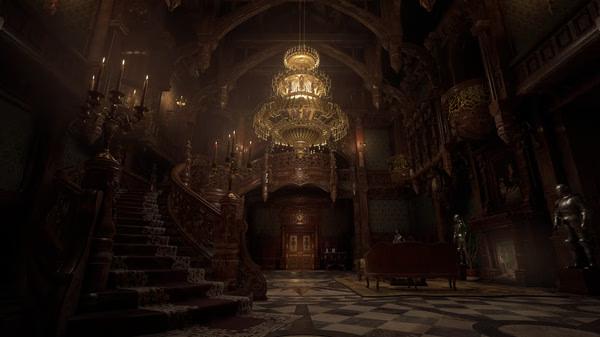 A screenshot from Resident Evil Village showing a grand, dimly lit hall with a chandelier, ornate staircase, and medieval decor.