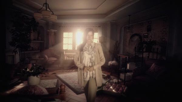 Resident Evil Village screenshot: A woman stands in a sunlit living room, with cozy furniture and plants visible around her.