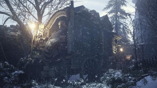 Resident Evil Village screenshot: A merchant sits in a snowy forest within a large wagon lit by lanterns, surrounded by snow-covered trees.