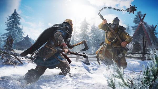 Screenshot from Assassin's Creed Valhalla showing two warriors clashing in a snowy landscape with axes and a flail.