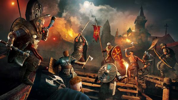 Assassin's Creed Valhalla screenshot: Viking warriors in combat on a burning ship deck, wielding weapons amidst flames and chaos.