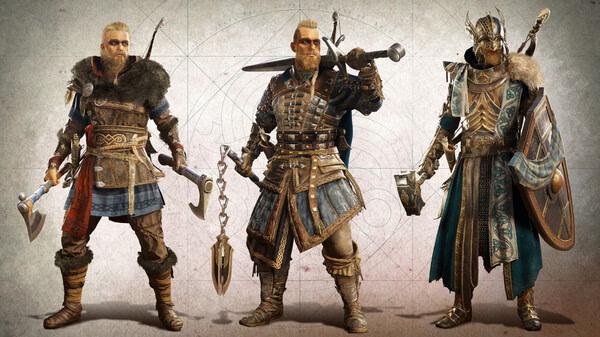 Assassin's Creed Valhalla screenshot: Three Viking warriors in detailed armor pose with weapons against a textured backdrop.