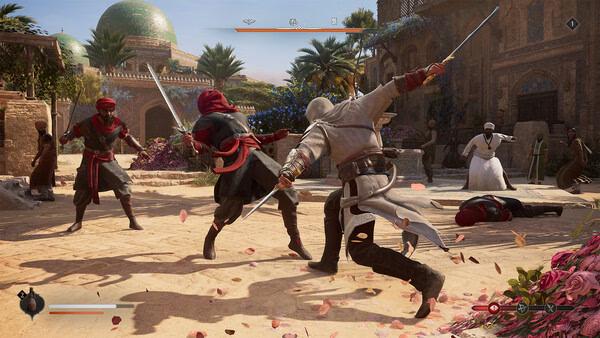 Assassin's Creed Mirage screenshot: A hooded character in white swings a sword at two red-clad opponents in a sunlit courtyard.