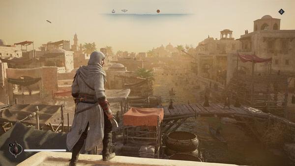 A screenshot from Assassin's Creed Mirage showing the protagonist overlooking a bustling Middle Eastern city at sunset.