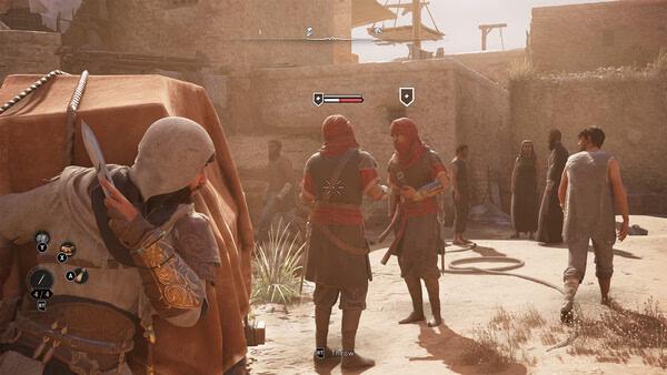Assassin's Creed Mirage screenshot: A hidden character watches two armored enemies converse in a sunlit, ancient city setting.