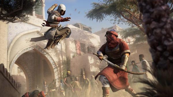 Screenshot from Assassin's Creed Mirage showing a hooded character leaping towards an opponent with a sword in a bustling marketplace.