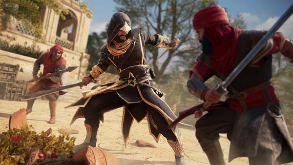 Assassin's Creed Mirage screenshot showing a cloaked figure in combat with two armed opponents in a sunlit courtyard.